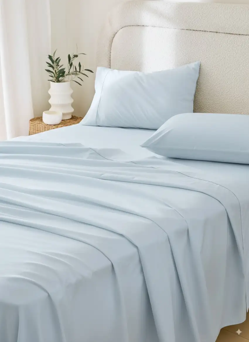 Four Piece Light Blue Cotton Queen Sheet Set Photo 1