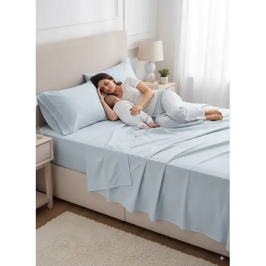 Four Piece Light Blue Cotton Queen Sheet Set Photo 2