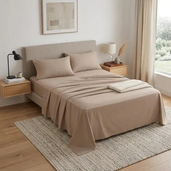 Four Piece Light Brown Cotton Queen Sheet Set Photo 1