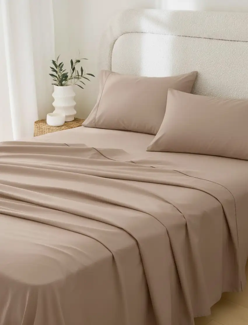 Four Piece Light Brown Cotton Queen Sheet Set Photo 1
