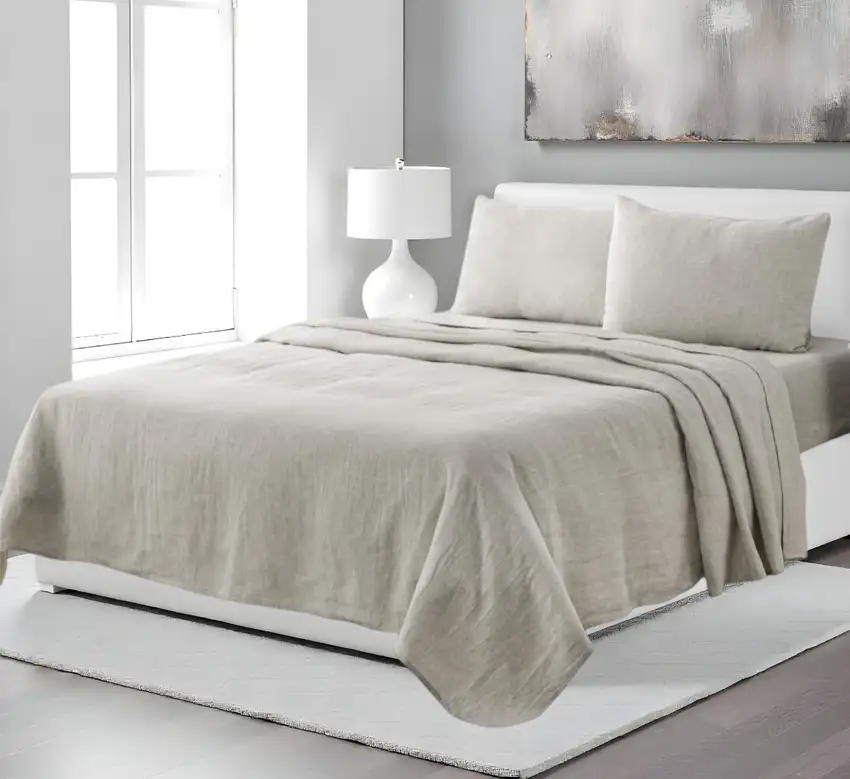 Four Piece Light Gray Linen Sheet Set Photo 1