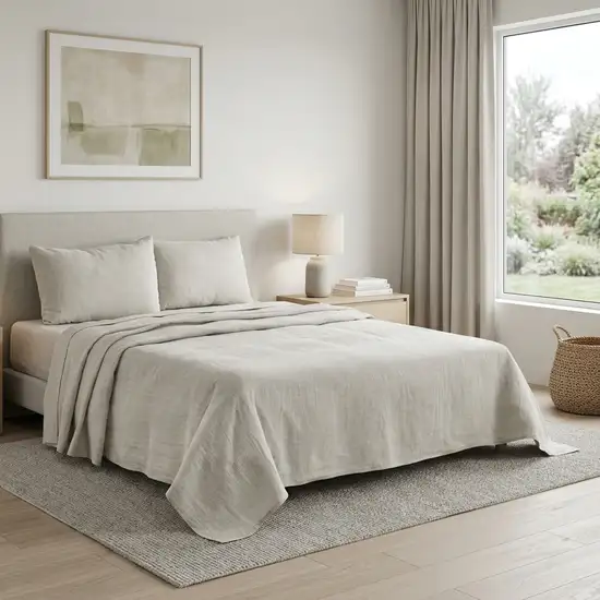 Four Piece Light Gray Linen King Sheet Set Photo 1