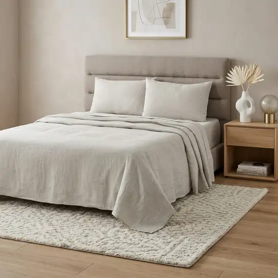 Four Piece Light Gray Linen California King Sheet Set Photo 1