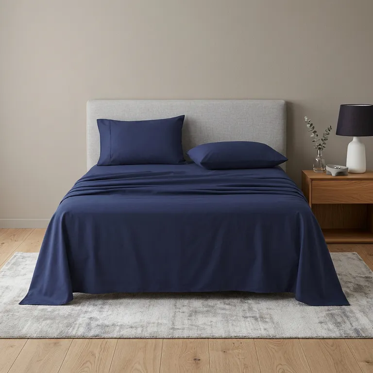 Four Piece Navy Blue Cotton King Sheet Set Photo 3