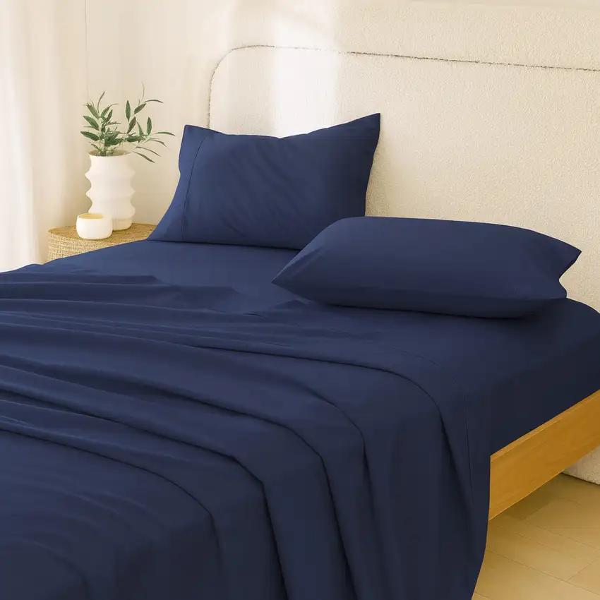 Four Piece Navy Blue Cotton Queen Sheet Set Photo 1