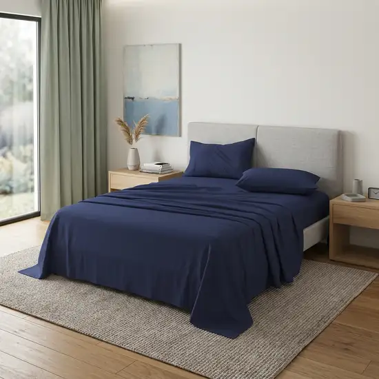 Four Piece Navy Blue Cotton Queen Sheet Set Photo 1