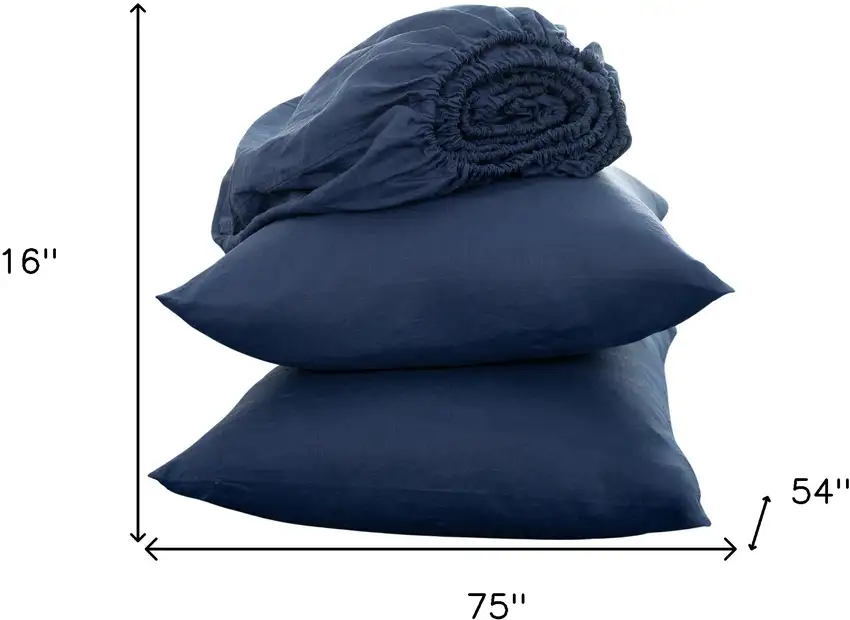 Four Piece Navy Blue Linen Full Double Sheet Set Photo 9