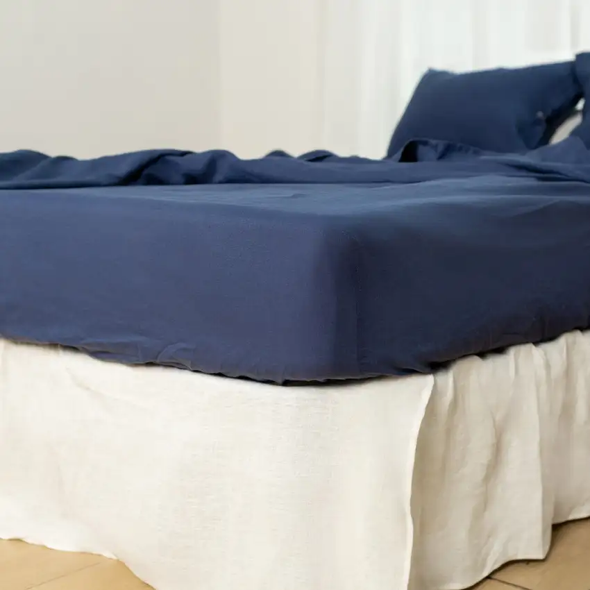 Four Piece Navy Blue Linen Queen Sheet Set Photo 7