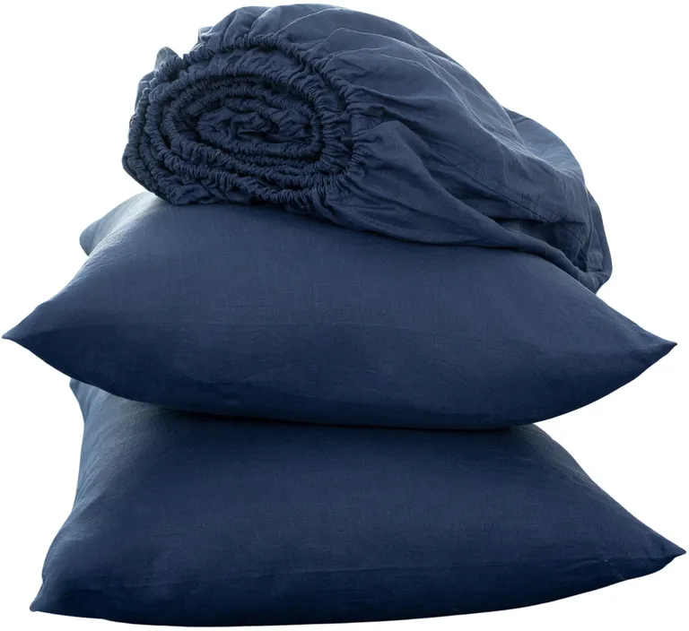 Four Piece Navy Blue Linen Twin Sheet Set Photo 3