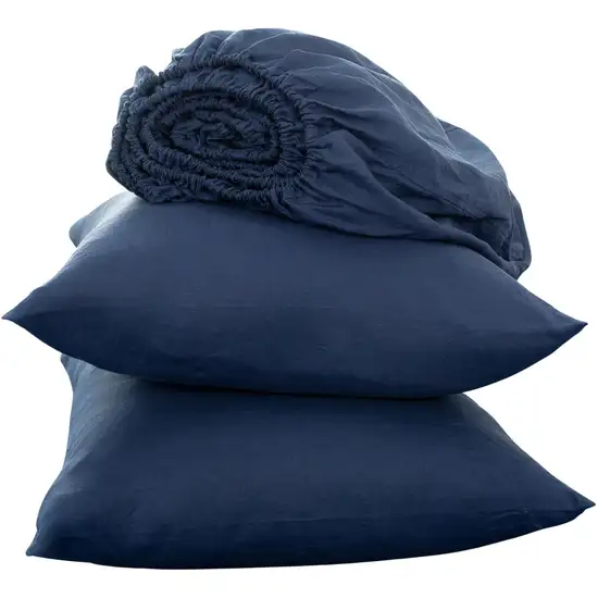 Four Piece Navy Blue Linen Twin Sheet Set Photo 3