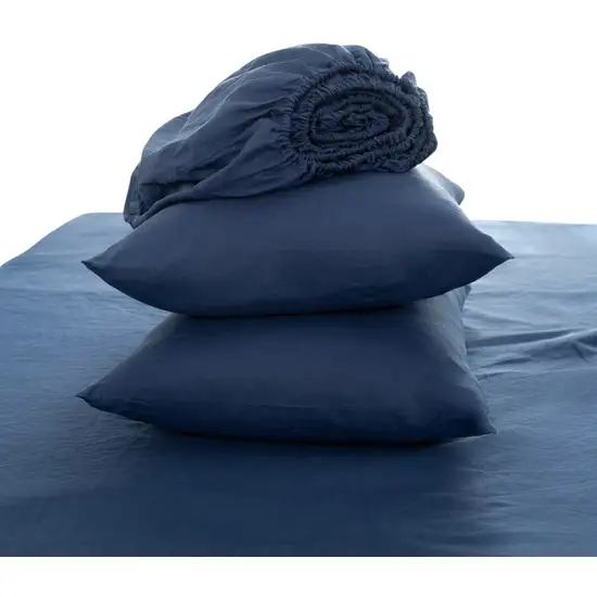 Four Piece Navy Blue Linen Twin Sheet Set Photo 4