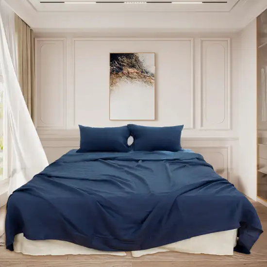 Four Piece Navy Blue Linen Twin Sheet Set Photo 6
