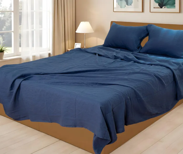 Four Piece Navy Blue Linen Twin Sheet Set Photo 1
