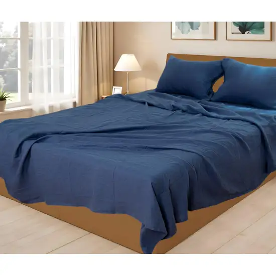 Four Piece Navy Blue Linen Twin Sheet Set Photo 1
