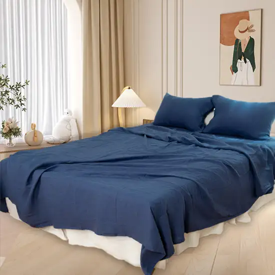 Four Piece Navy Blue Linen Twin Sheet Set Photo 8