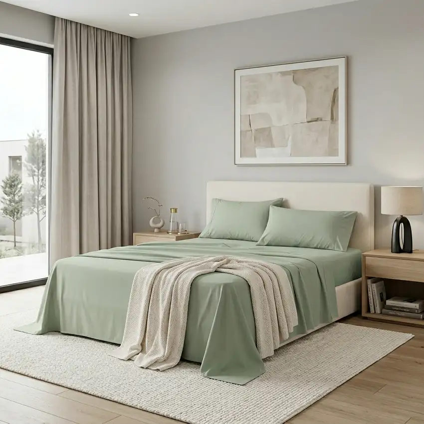 Four Piece Sage Cotton King Sheet Set Photo 1