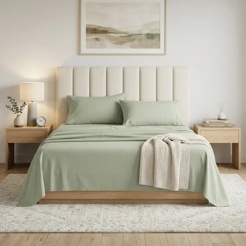 Four Piece Sage Cotton Queen Sheet Set Photo 1