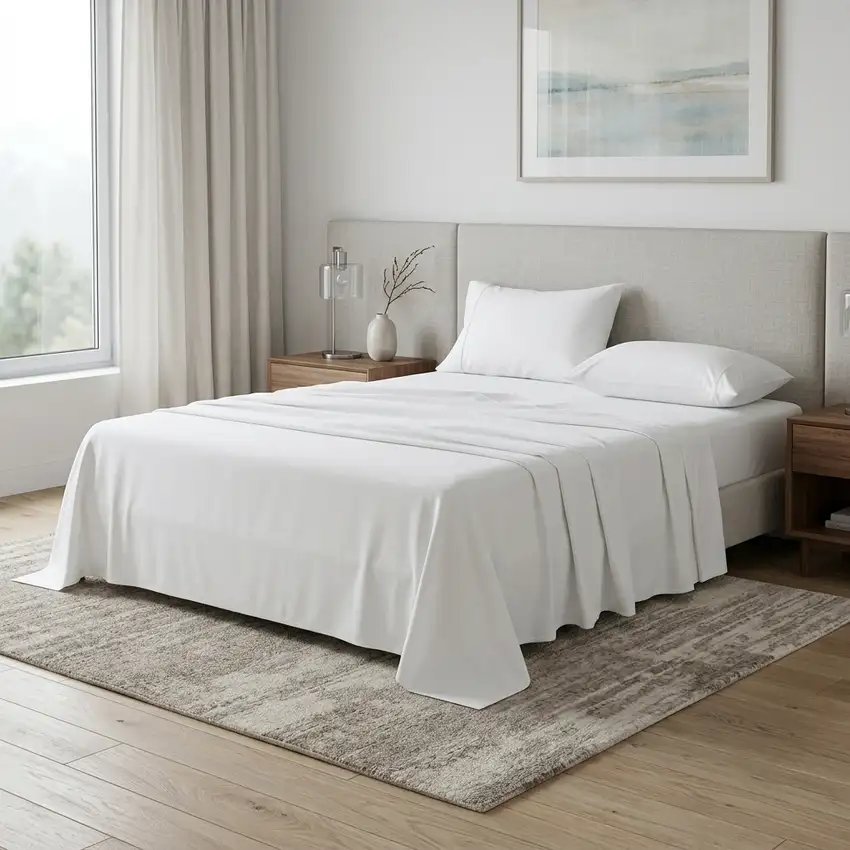 Four Piece White Cotton Queen Sheet Set Photo 1