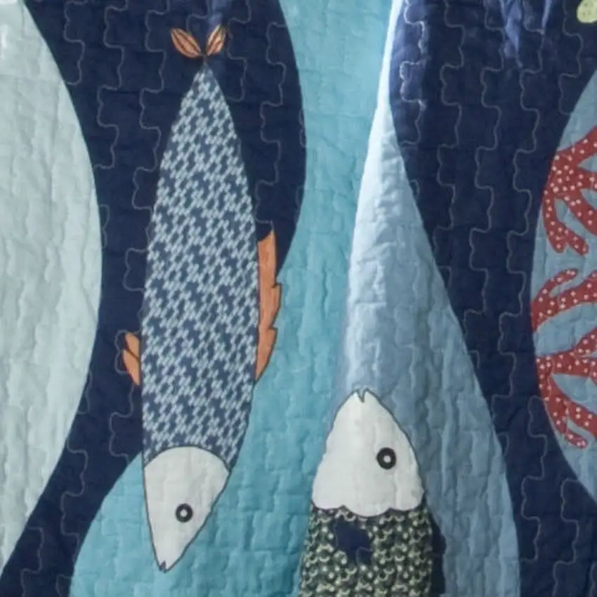 Full / Queen Blue Serenity Sea Fish Coral Coverlet Quilt Bedspread Set Photo 3