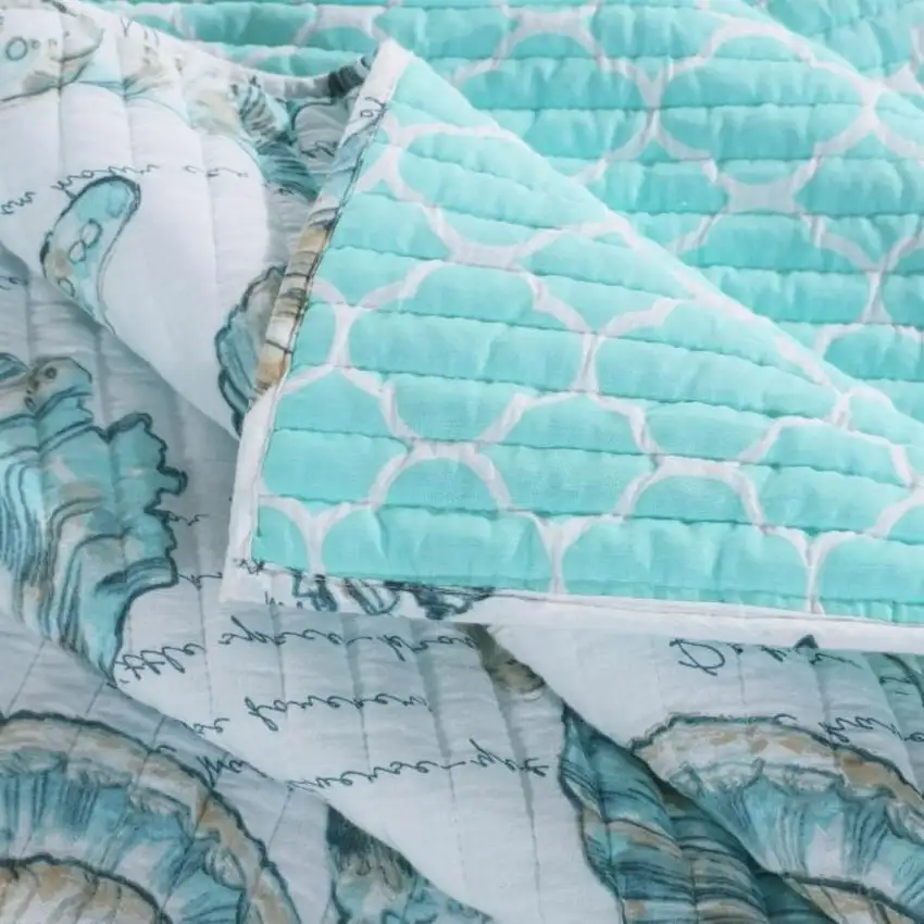 Full / Queen Coastal Seashells White Teal 3 Piece Polyester Reversible Quilt Set Photo 2