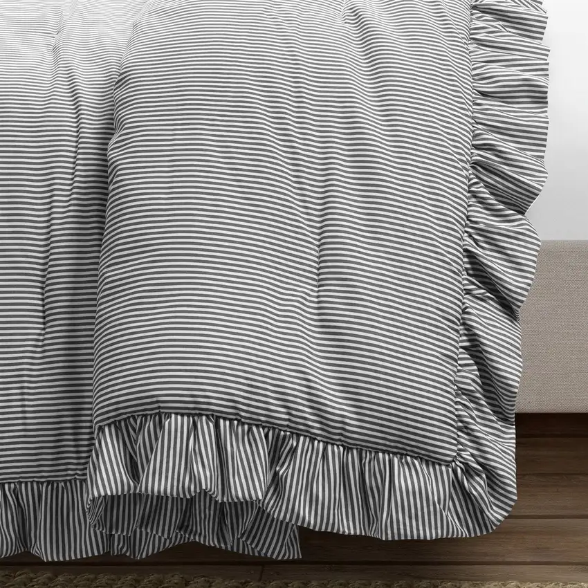 Full/Queen Grey White Stripe Ruffle Reversible 3 PCS Comforter Set Photo 5