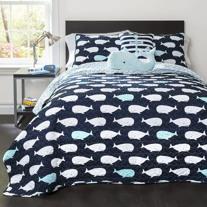 Full/Queen 5 Piece Bed In A Bag Navy Teal Microfiber Waves Whales Quilt Set Photo 1