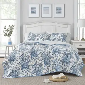 Photo of Full/Queen 3 Piece Bed In A Bag Reversible Blue White Floral Cotton Quilt Set