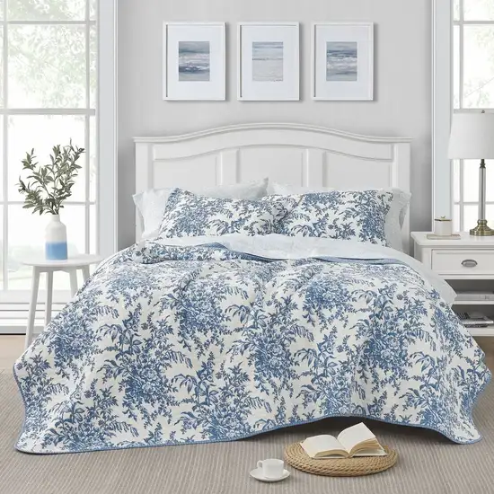 Full/Queen 3 Piece Bed In A Bag Reversible Blue White Floral Cotton Quilt Set Photo 2