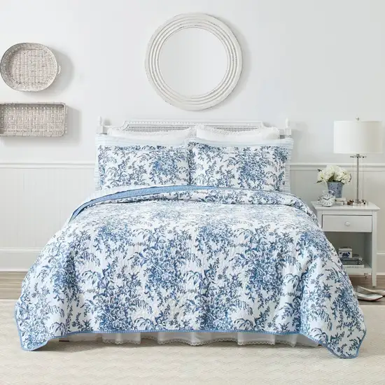 Full/Queen 3 Piece Bed In A Bag Reversible Blue White Floral Cotton Quilt Set Photo 3