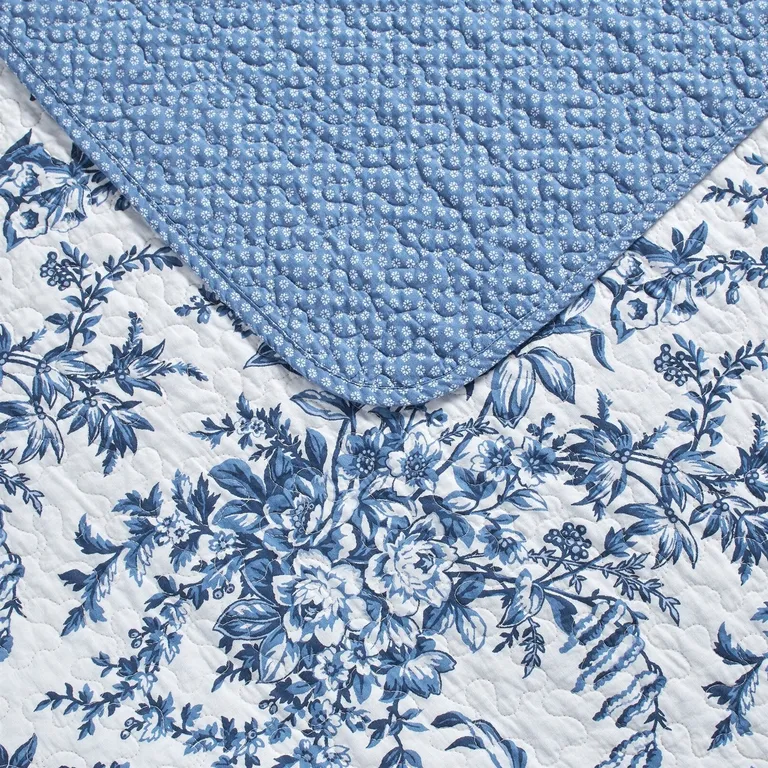 Full/Queen 3 Piece Bed In A Bag Reversible Blue White Floral Cotton Quilt Set Photo 5