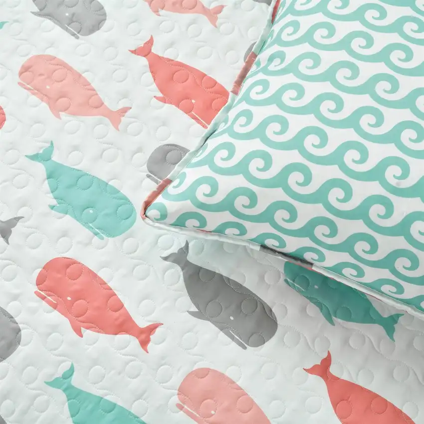 Full/Queen 5 Piece Microfiber Quilt Set in Teal Pink Aqua Waves Whale Pattern Photo 3