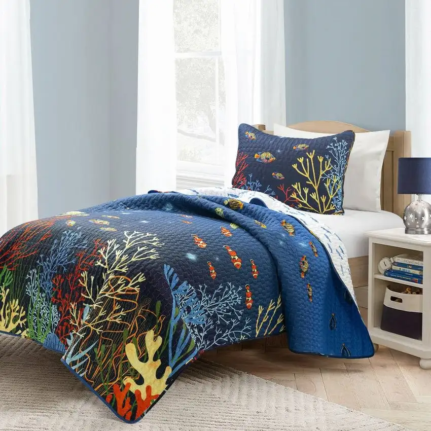 Full/Queen 3 Piece Ocean Navy Blue Clown Fish Coral Reef Reversible Quilt Set Photo 2
