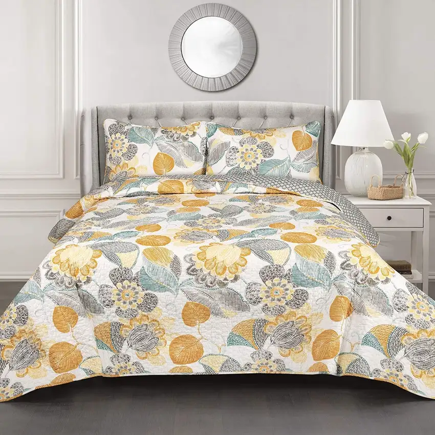Full/Queen 3 Piece Reversible Yellow Grey Teal Floral Leaves Cotton Quilt Set Photo 1
