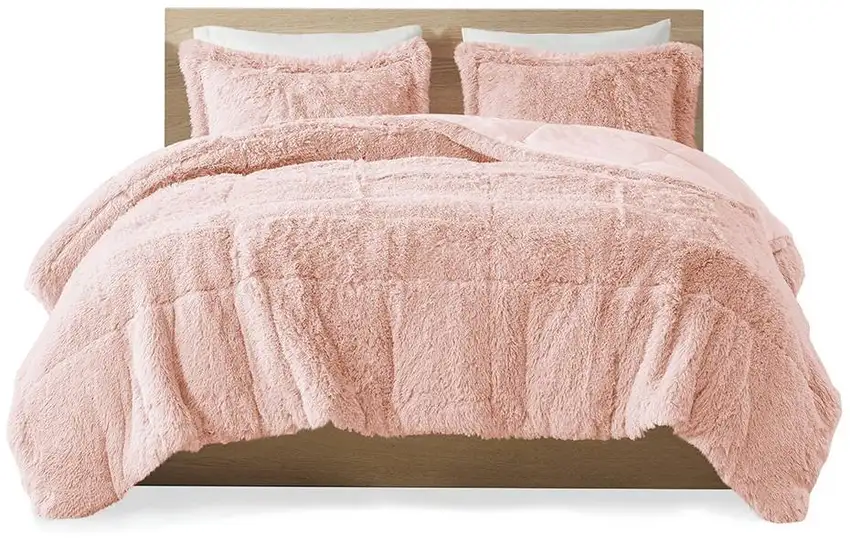 Full/Queen Pink Blush Soft Sherpa Faux Fur 3-Piece Comforter Set Photo 3