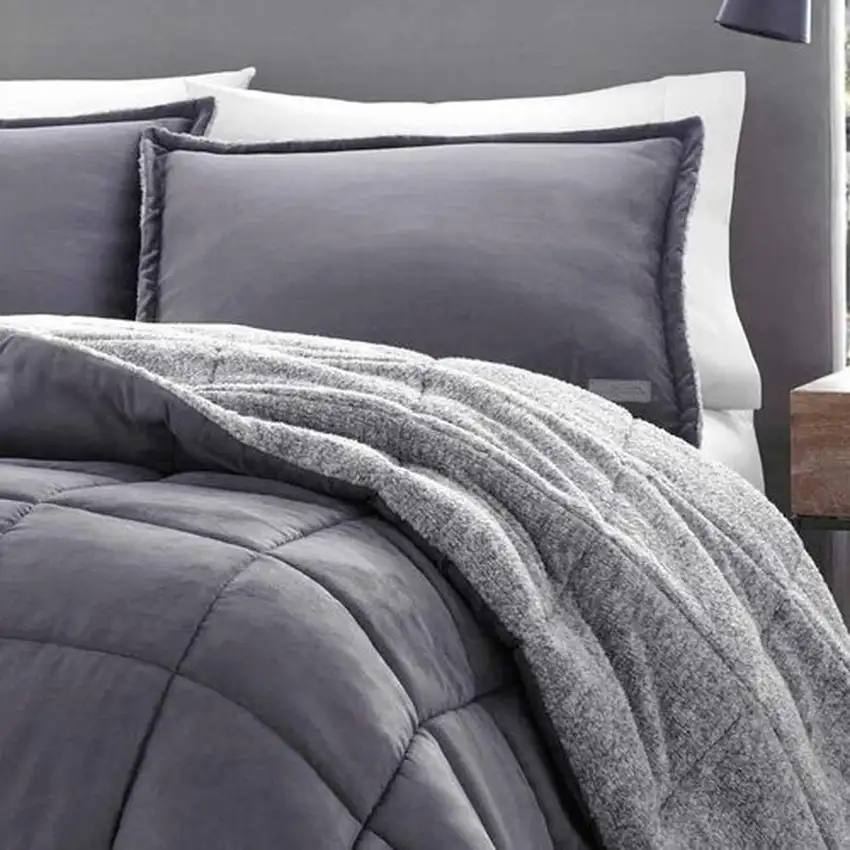 Full/Queen Plush Sherpa Reversible Micro Suede Comforter Set in Gray Photo 2