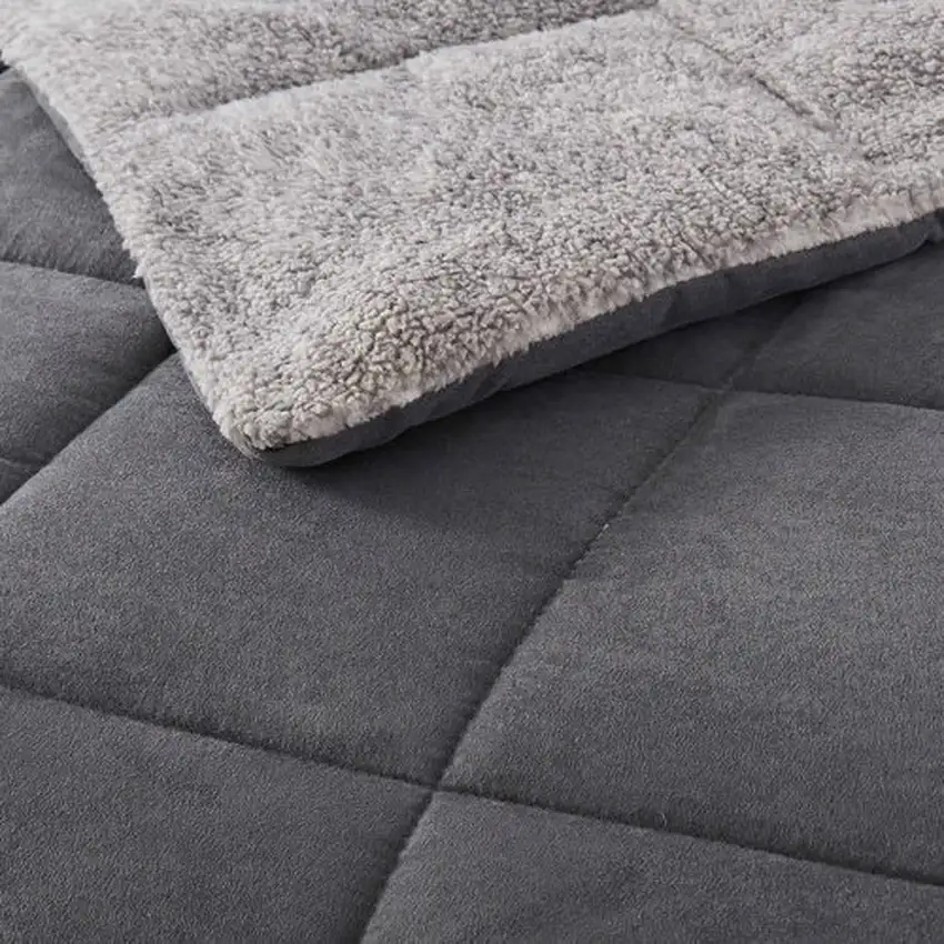 Full/Queen Plush Sherpa Reversible Micro Suede Comforter Set in Gray Photo 3