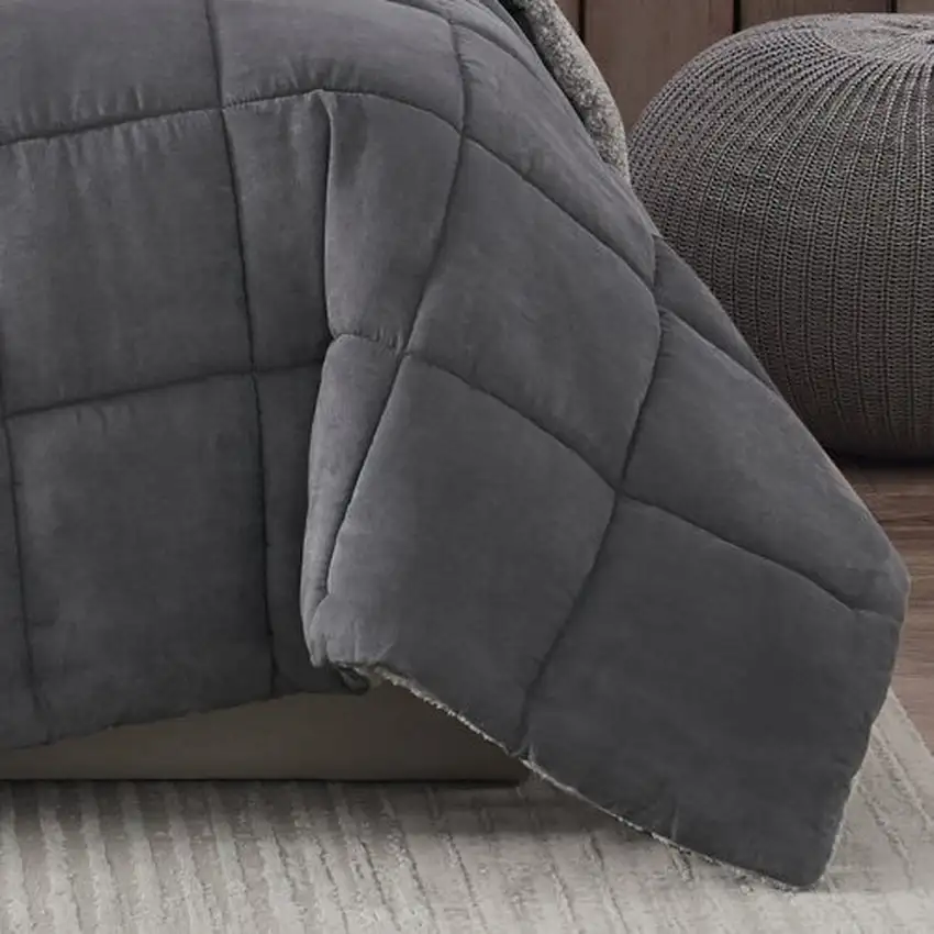 Full/Queen Plush Sherpa Reversible Micro Suede Comforter Set in Gray Photo 4