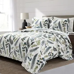 Photo of Full/Queen Reversible Cotton Lightweight Floral Fern 3 Piece Quilt Set
