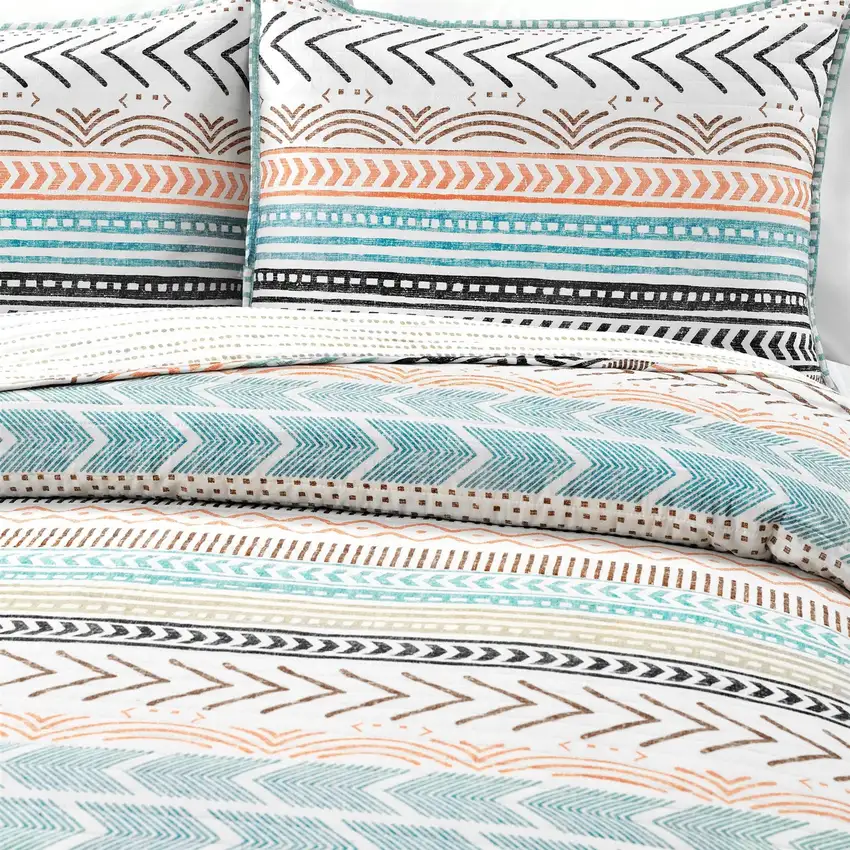 Full/Queen Scandinavian Chevron Teal White Orange Reversible Cotton Quilt Set Photo 3