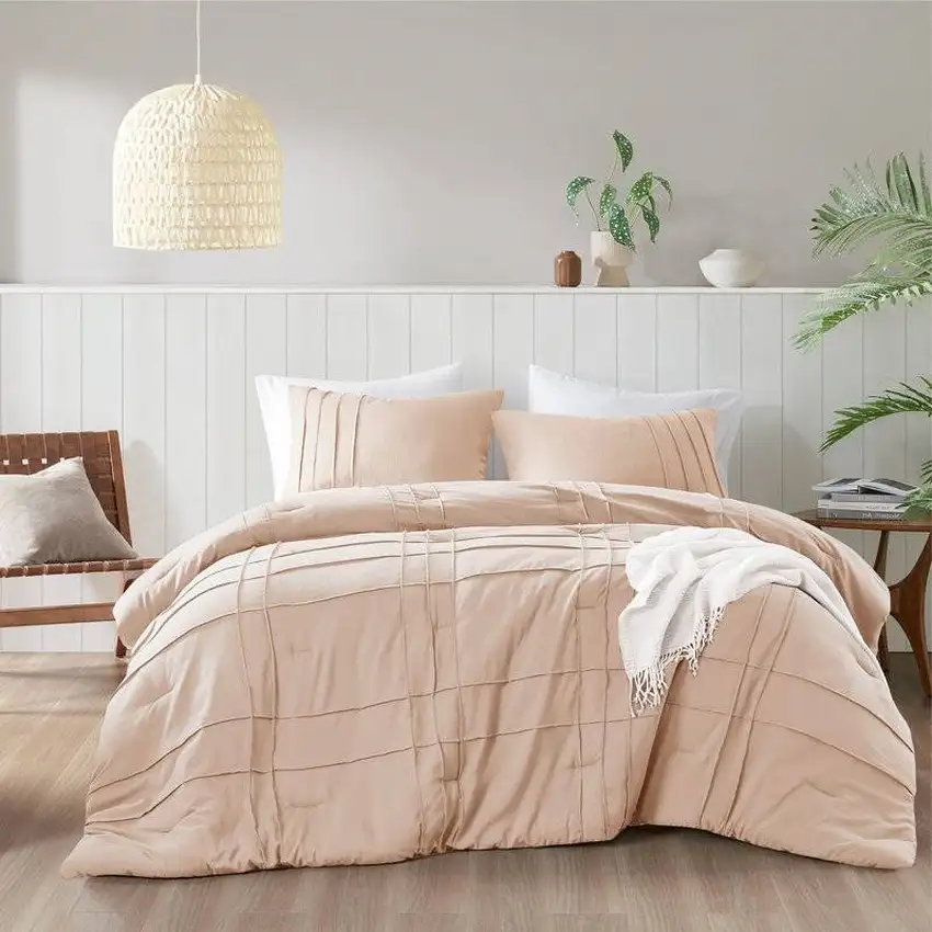 Full/Queen Size Microfiber Pleated Soft Washed Comforter Set Pink Photo 1