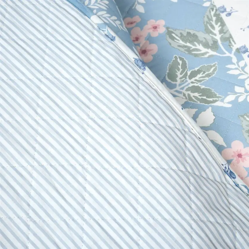 Full/Queen Size 3 PCS Lightweight Blue Stripe Flower Polyester Quilt Set Photo 4