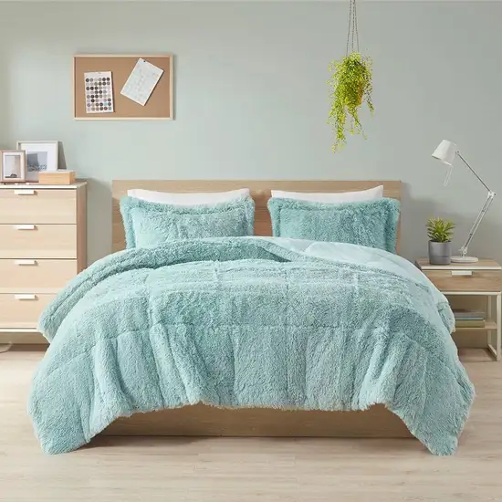 Full/Queen Soft Sherpa Faux Fur 3-Piece Comforter Set in Light Teal Blue Photo 1