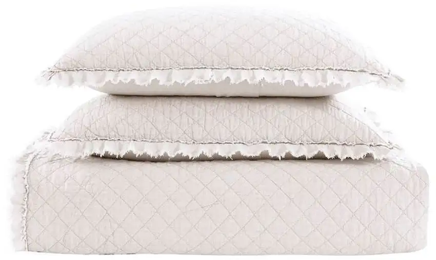 Full Queen White Farmhouse Microfiber Diamond Quilted Bedspread Set Frayed Edges Photo 2