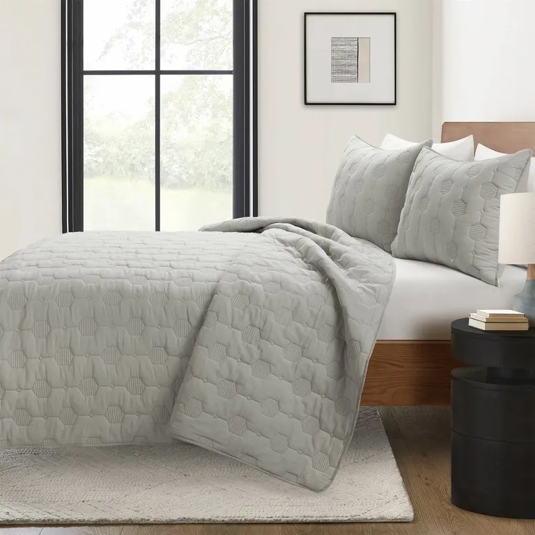 Full/Queen size Lightweight Grey Textured Cotton 3 Piece Quilt Set Photo 2