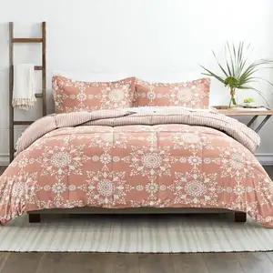 Photo of Full/Queen size 3-Piece Clay and White Reversible Floral Striped Comforter Set