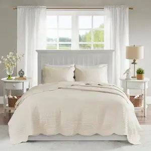 Photo of Full/Queen size 3-Piece Reversible Scalloped Edges Microfiber Quilt Set