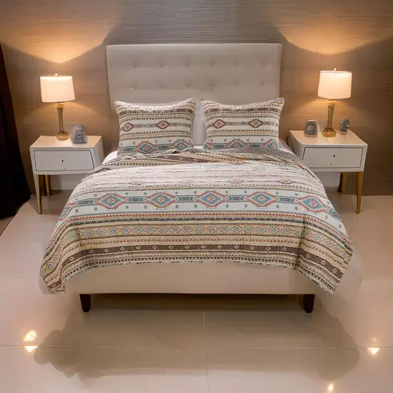 Full Size 3 Piece Polyester Quilt Set with Kilim Pattern, Multicolor Photo 7