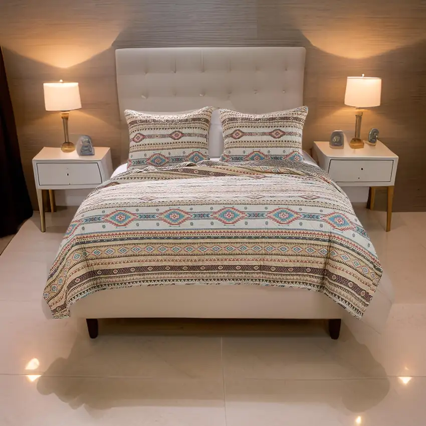 Full Size 3 Piece Polyester Quilt Set with Kilim Pattern, Multicolor Photo 7