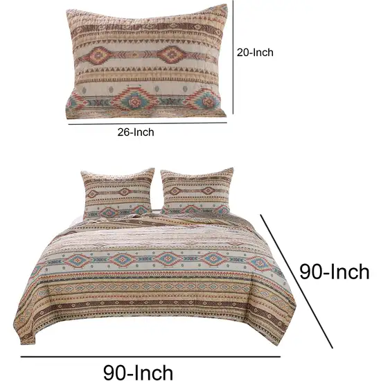 Full Size 3 Piece Polyester Quilt Set with Kilim Pattern, Multicolor Photo 5