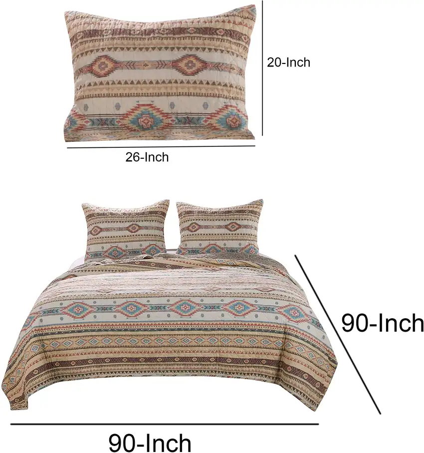 Full Size 3 Piece Polyester Quilt Set with Kilim Pattern, Multicolor Photo 5